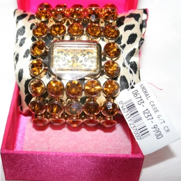 NEW BETSEY JOHNSON GOLD & AMBER RHINESTONE WATCH